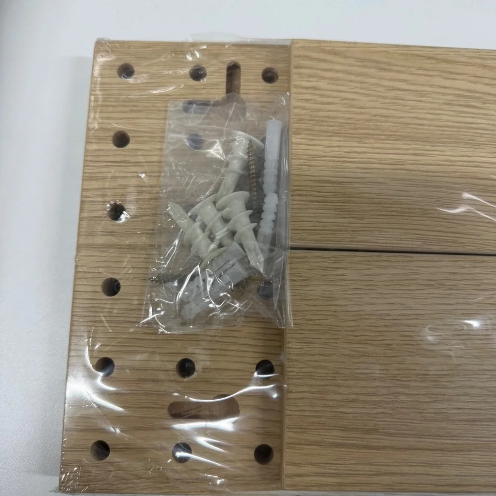 Wooden Pegboard Wall Organizer Set Modular Oak Finish Entryway Storage Shelves